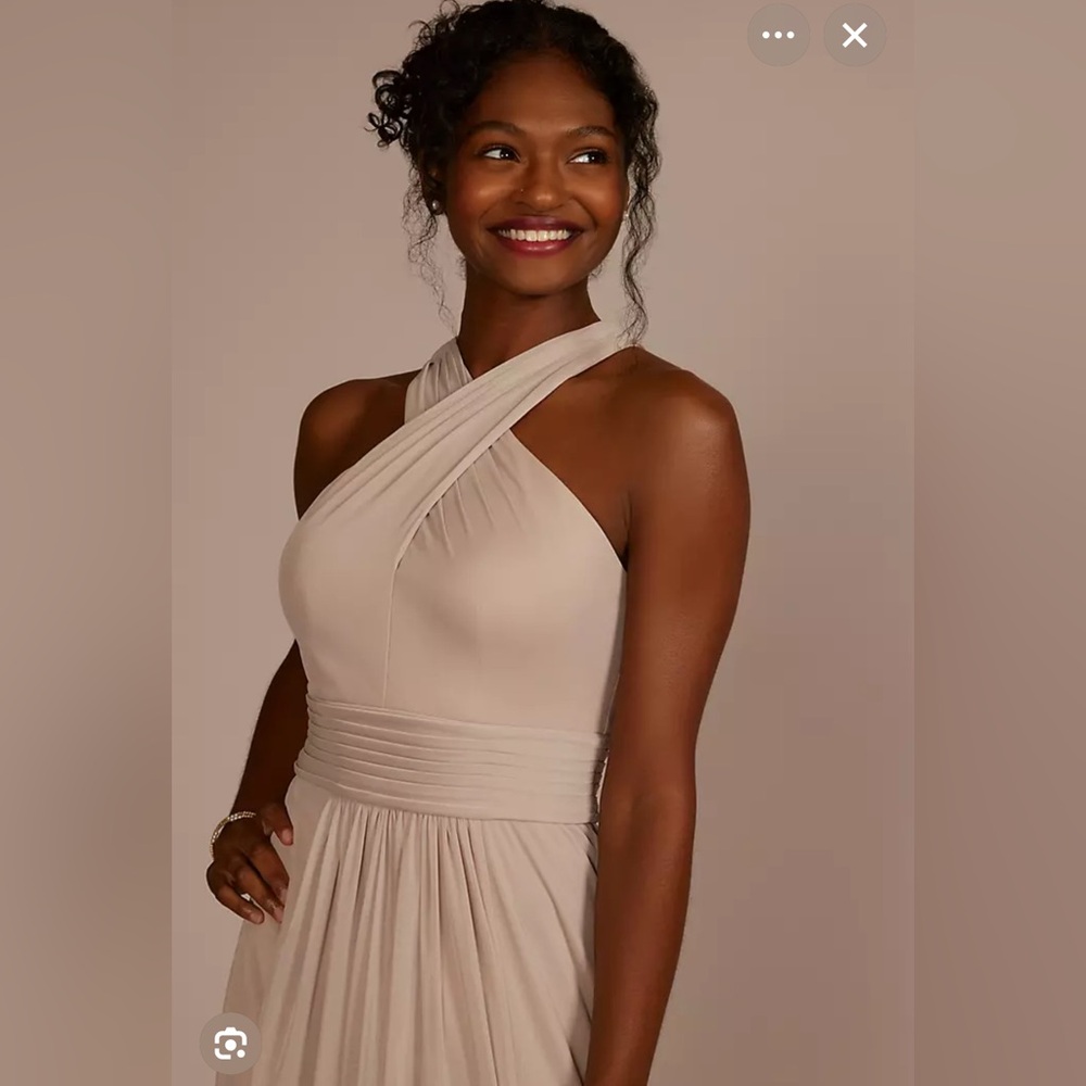 David’s Bridal Biscotti Crisscross neckline formal bridesmaid dress